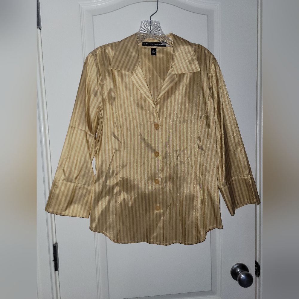 Linda Allard Ellen Tracy Silk Gold Striped Buttonup Shirt